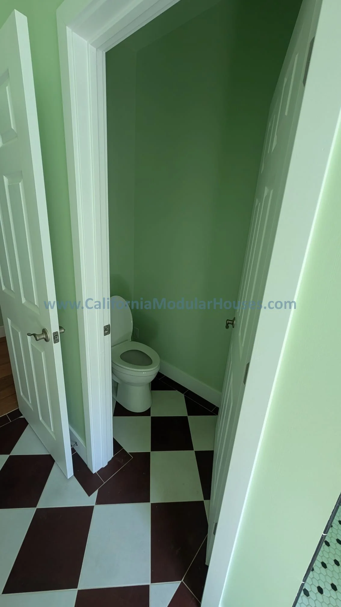 Small bathroom with green walls, black and white diamond-patterned floor tiles, and a white toilet visible inside the space.