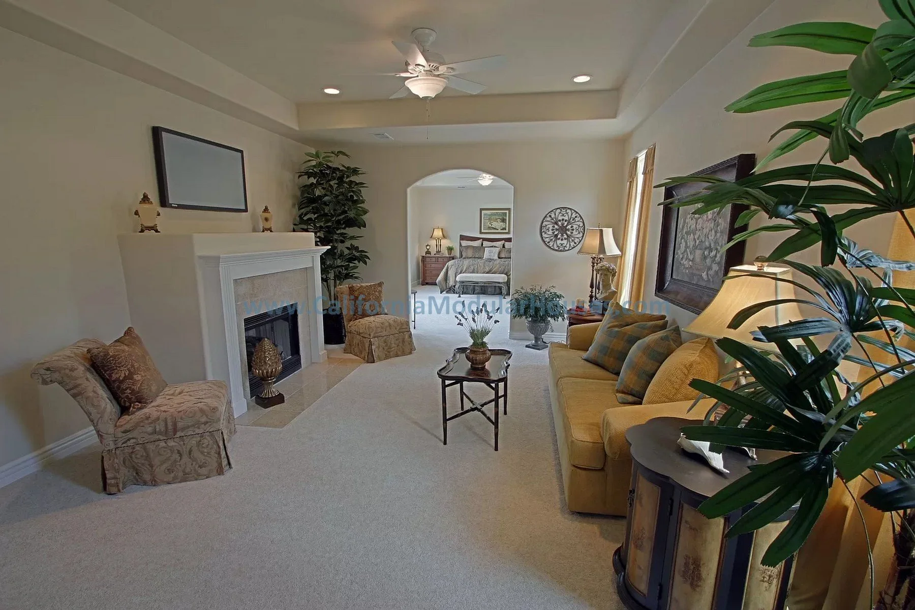 Prefab modular home with tray ceiling.