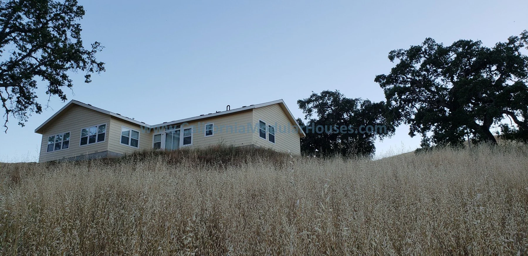 A house on a grassy hill with trees around it, under a clear blue sky.  Modular Home on a Sloped Property.  Prefab Modular Homes California.
