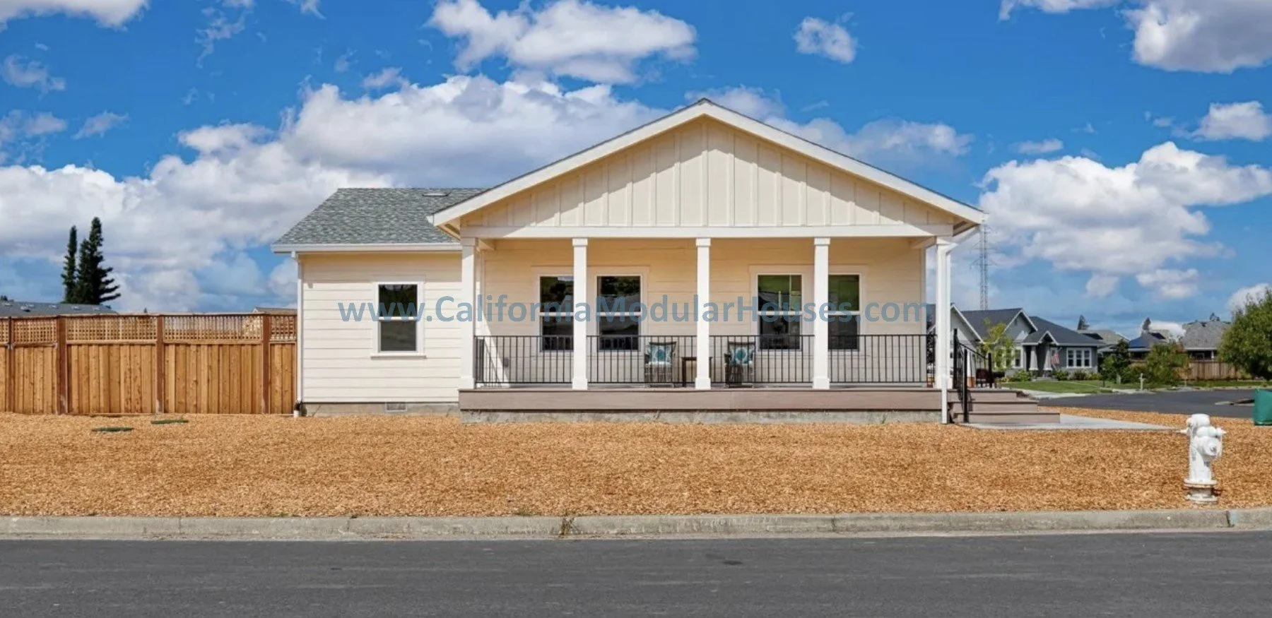 Prefab modular single-family-residence, white, lap and horizontal siding built in Santa Rosa, Sonoma County, California.