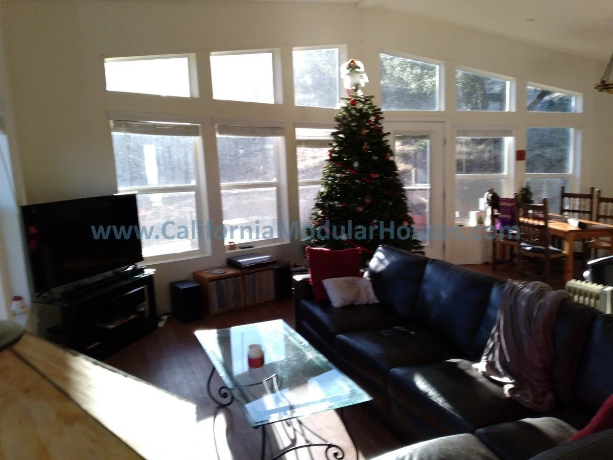 Living room with large front windows, decorated Christmas tree, black leather sofa, glass coffee table, and wooden dining table with chairs.