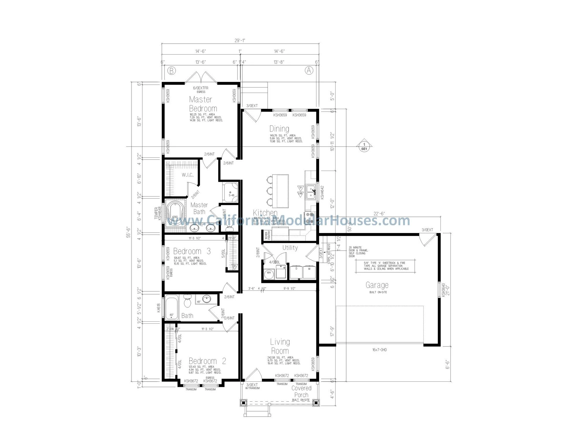 Modular floor plan of a house showing various rooms and dimensions, including bedrooms, bathrooms, living room, kitchen, utility room, garage, and porch.