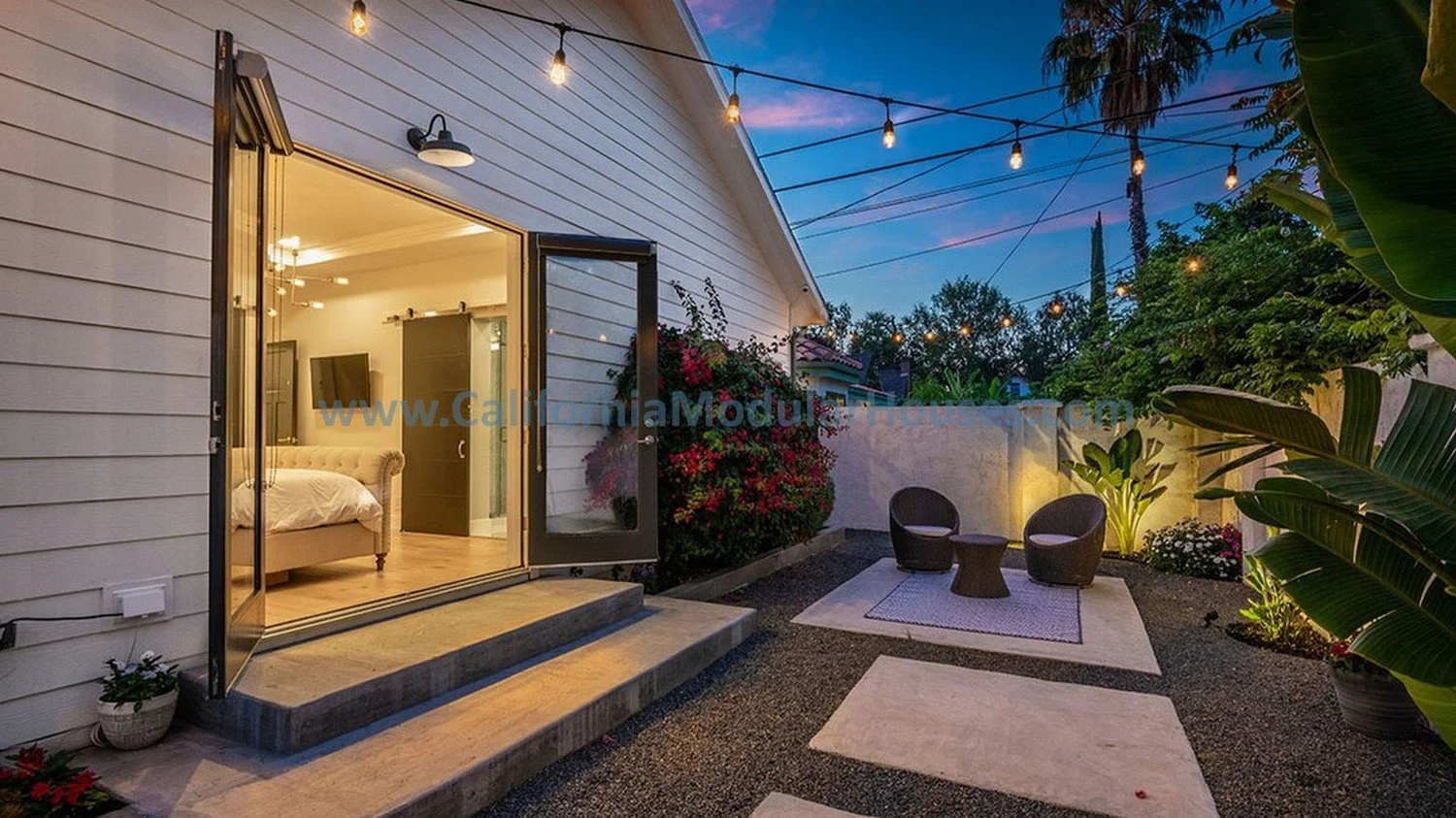 A cozy backyard patio at dusk with string lights, two chairs and a small table, and a sliding glass door leading inside to the master bedroom.  There are beautiful French Doors on the rear of this home for enjoying beautiful Southern California.  