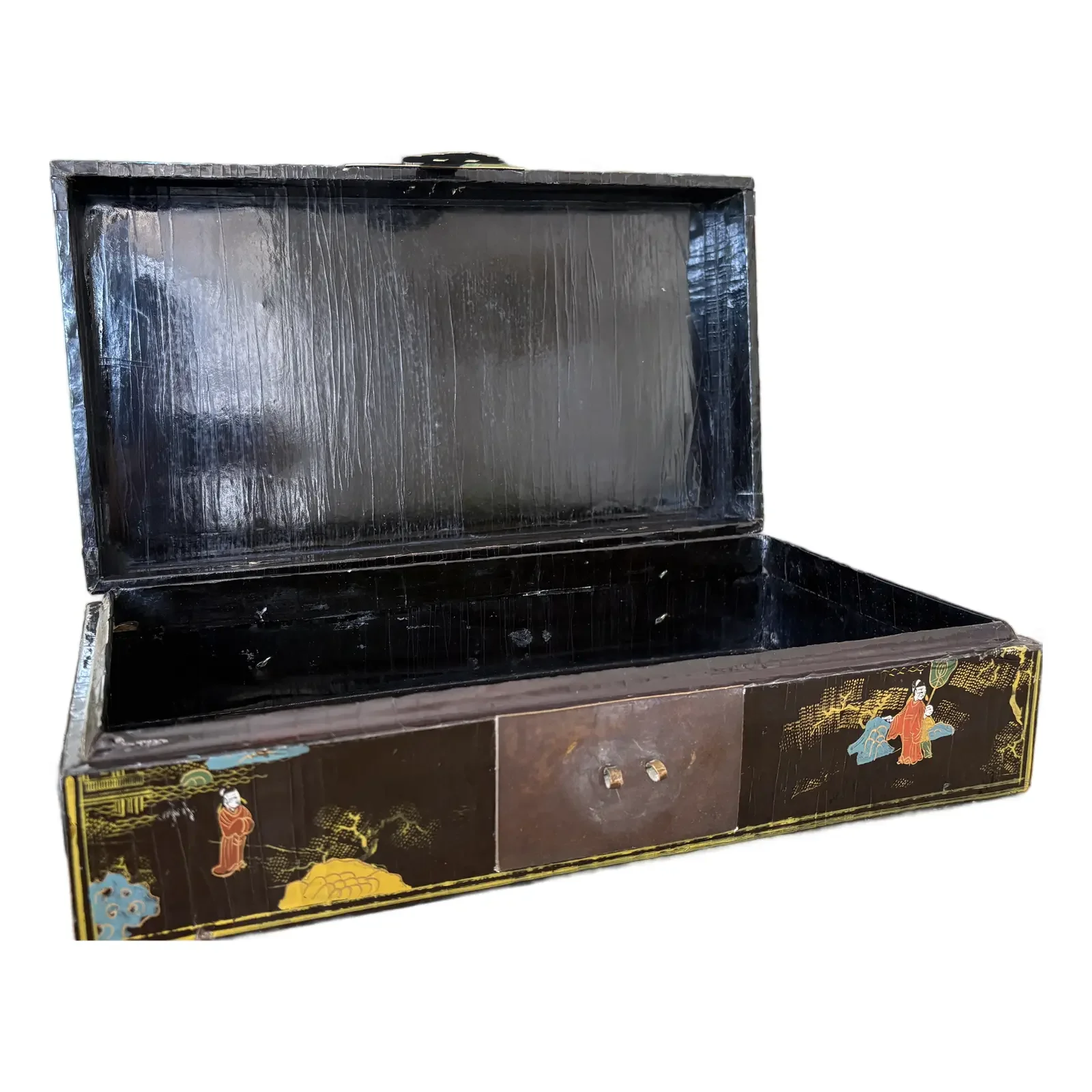 Antique Chinese Export Black Lacquer Chinoiserie Box, Hand-Painted Figures & Cranes