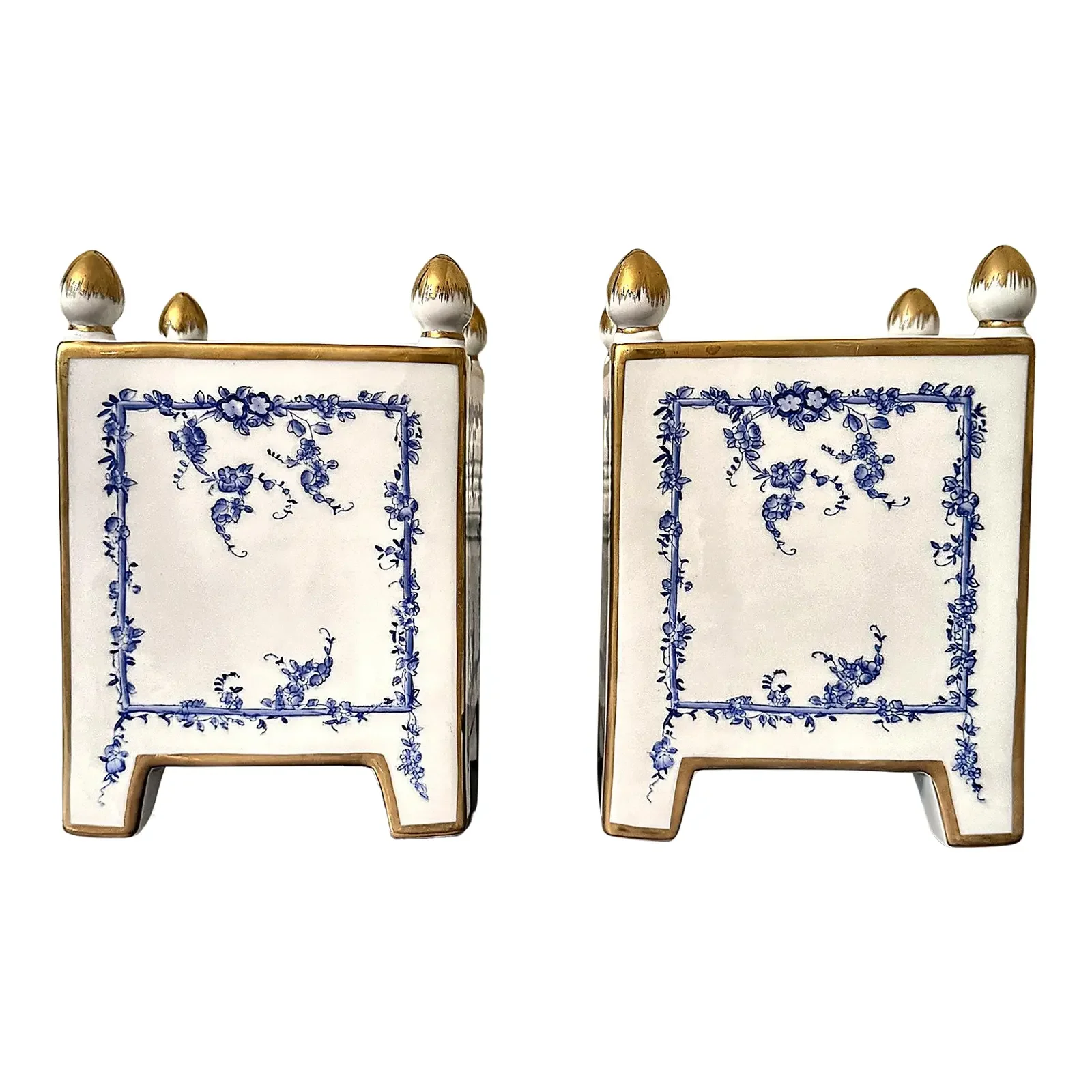 Pair of Chelsea House Blue & White Porcelain Cachepots With Gilt Acorn Finials