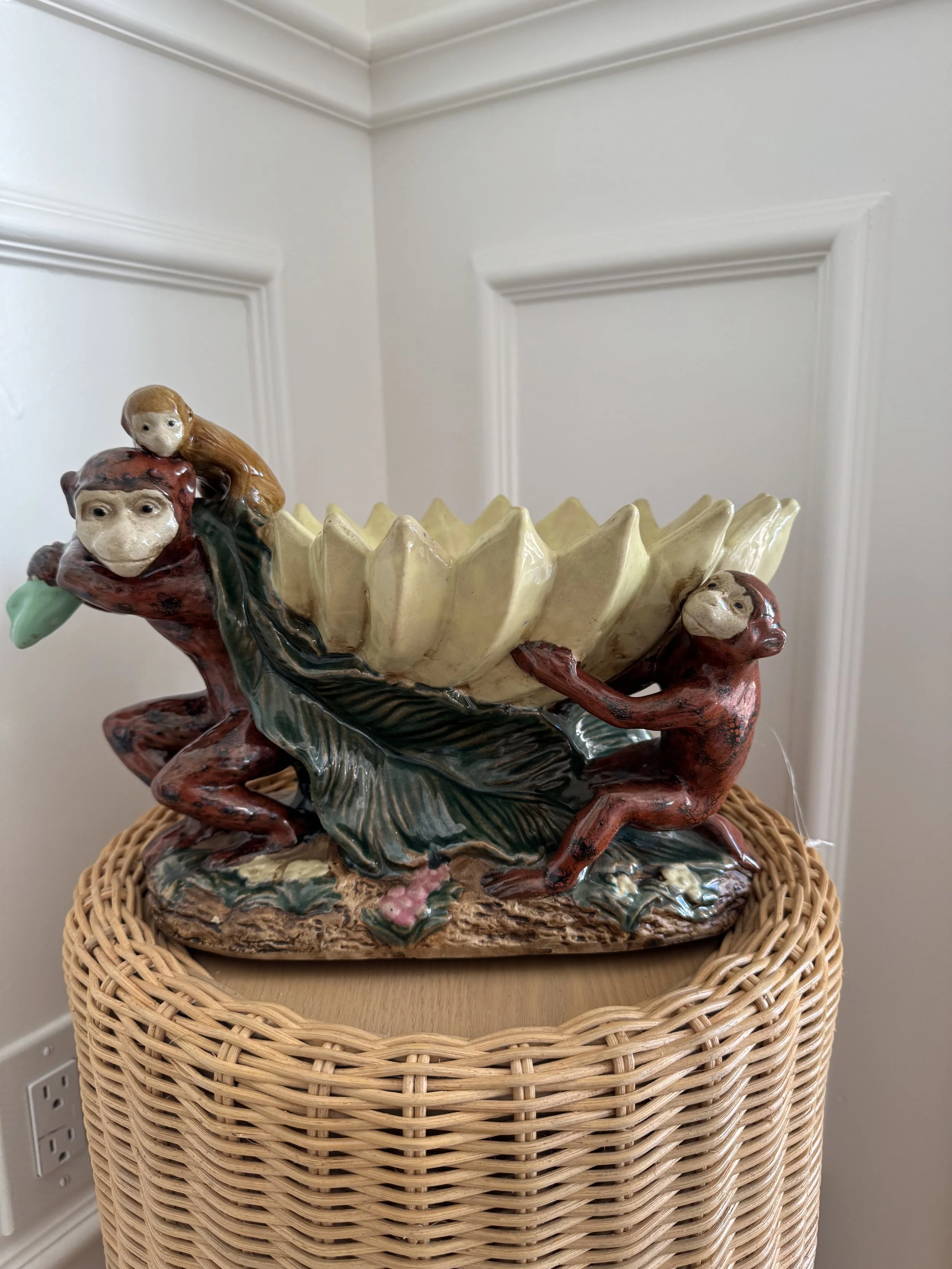 Vintage Majolica Monkey Banana Bowl with Lotus Leaf Form