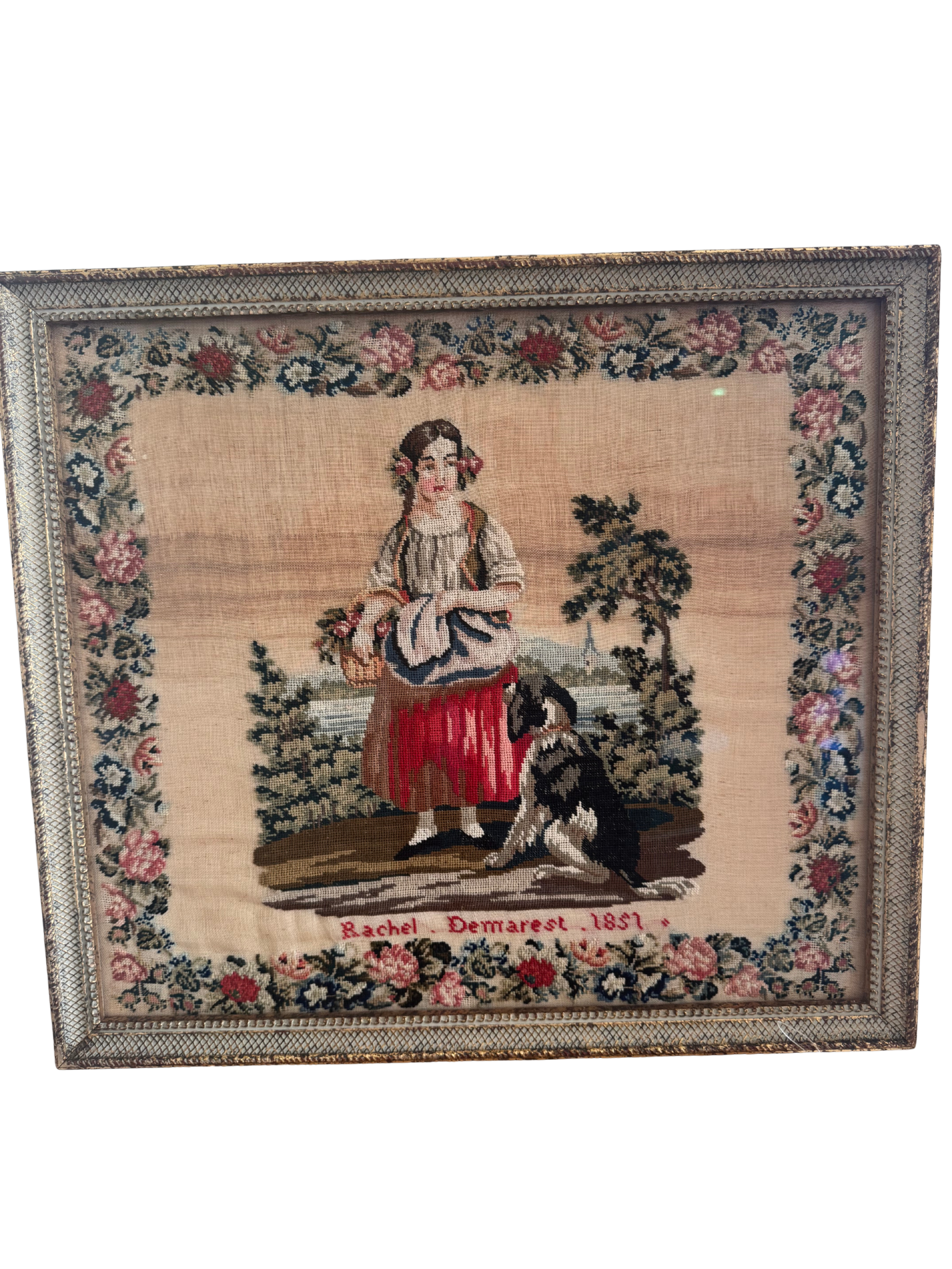 1857 Dated Folk Art Needlework Sampler “Rachel Demarest” in Gilt Frame