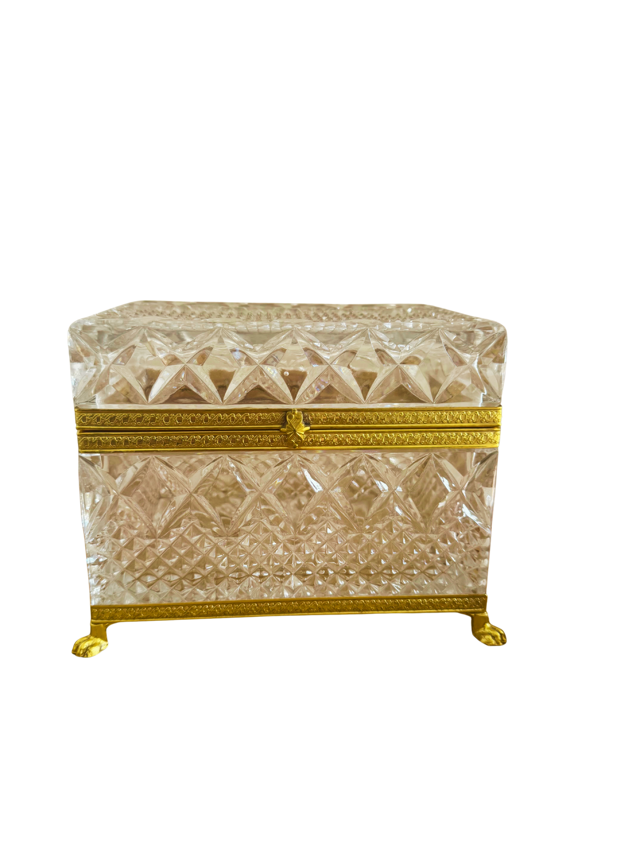 Vintage Cut Crystal Casket Box with Gilt Bronze Mounts & Claw Feet