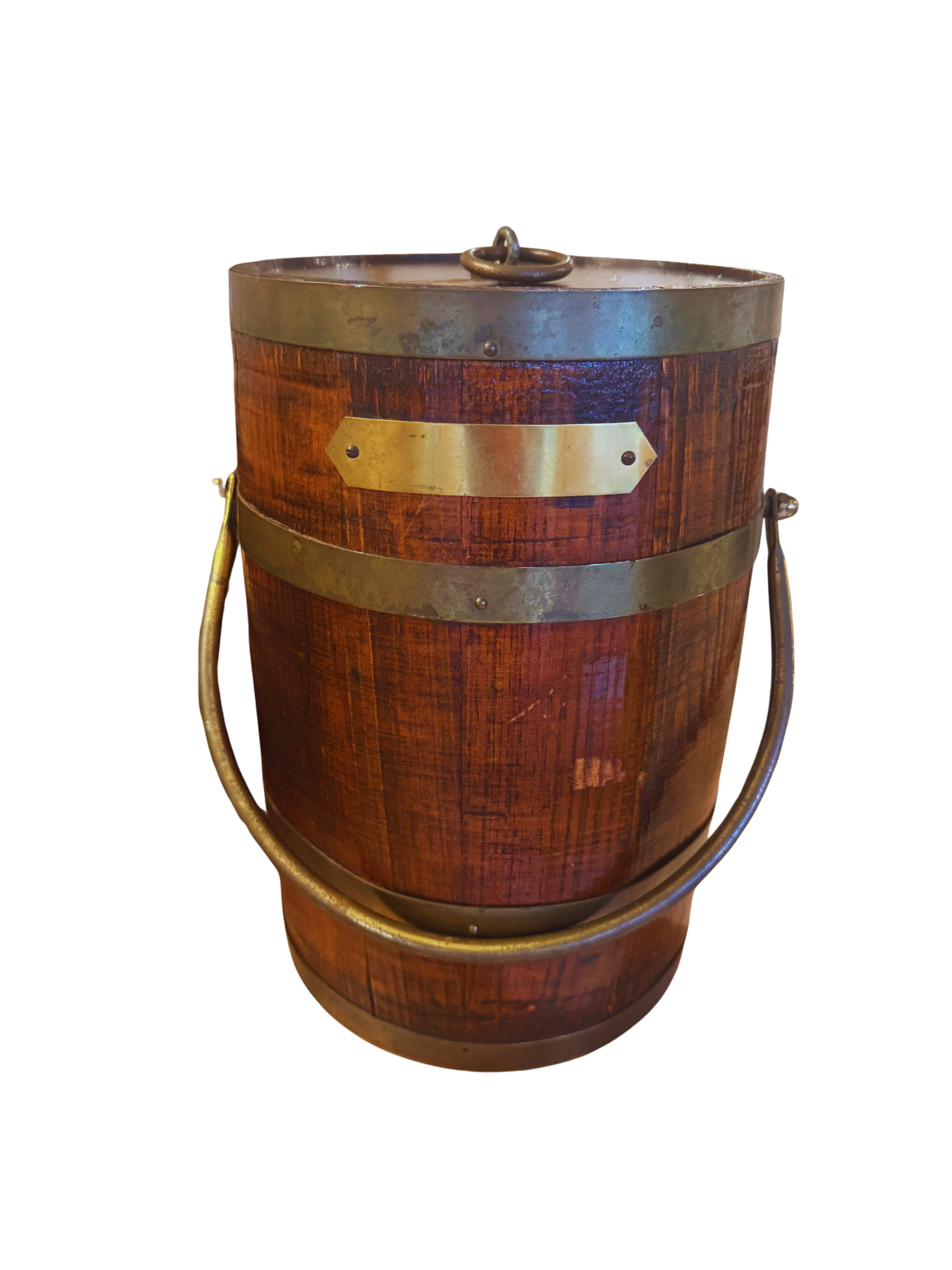 Antique Wood & Brass Ice Bucket with Swing Handle