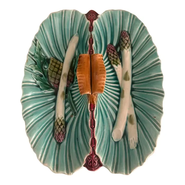 Antique French Lunéville Barbotine Majolica Turquoise Asparagus Platter