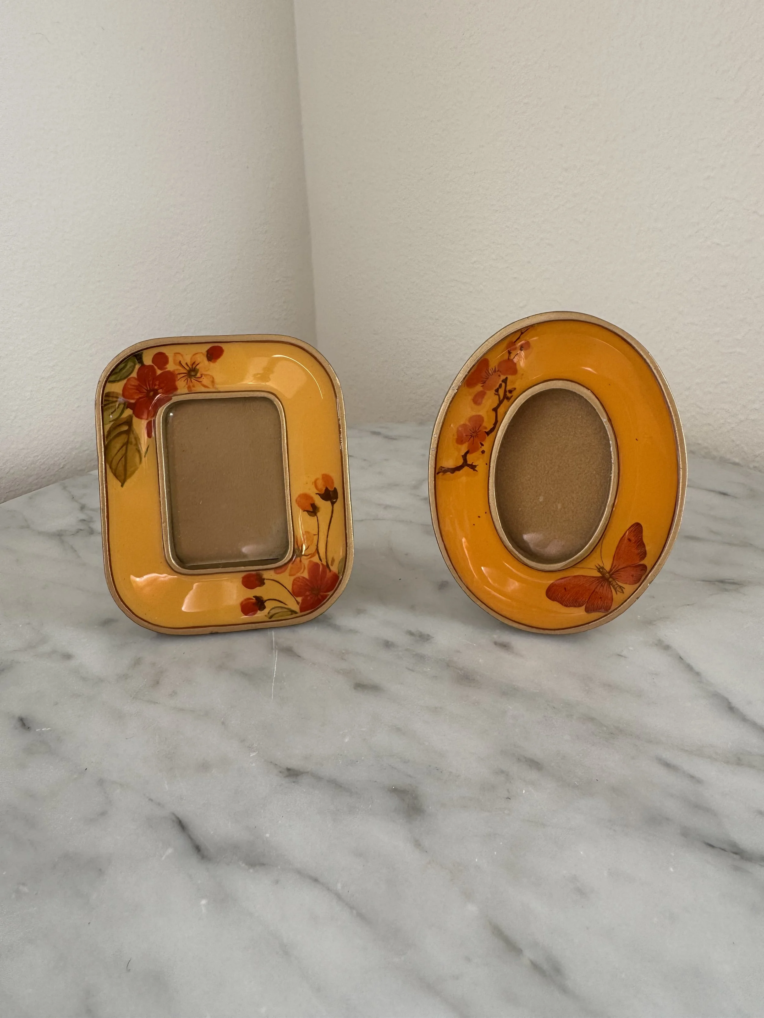 Pair of Hand-Painted Floral & Butterfly Mini Picture Frames – Orange Enamel