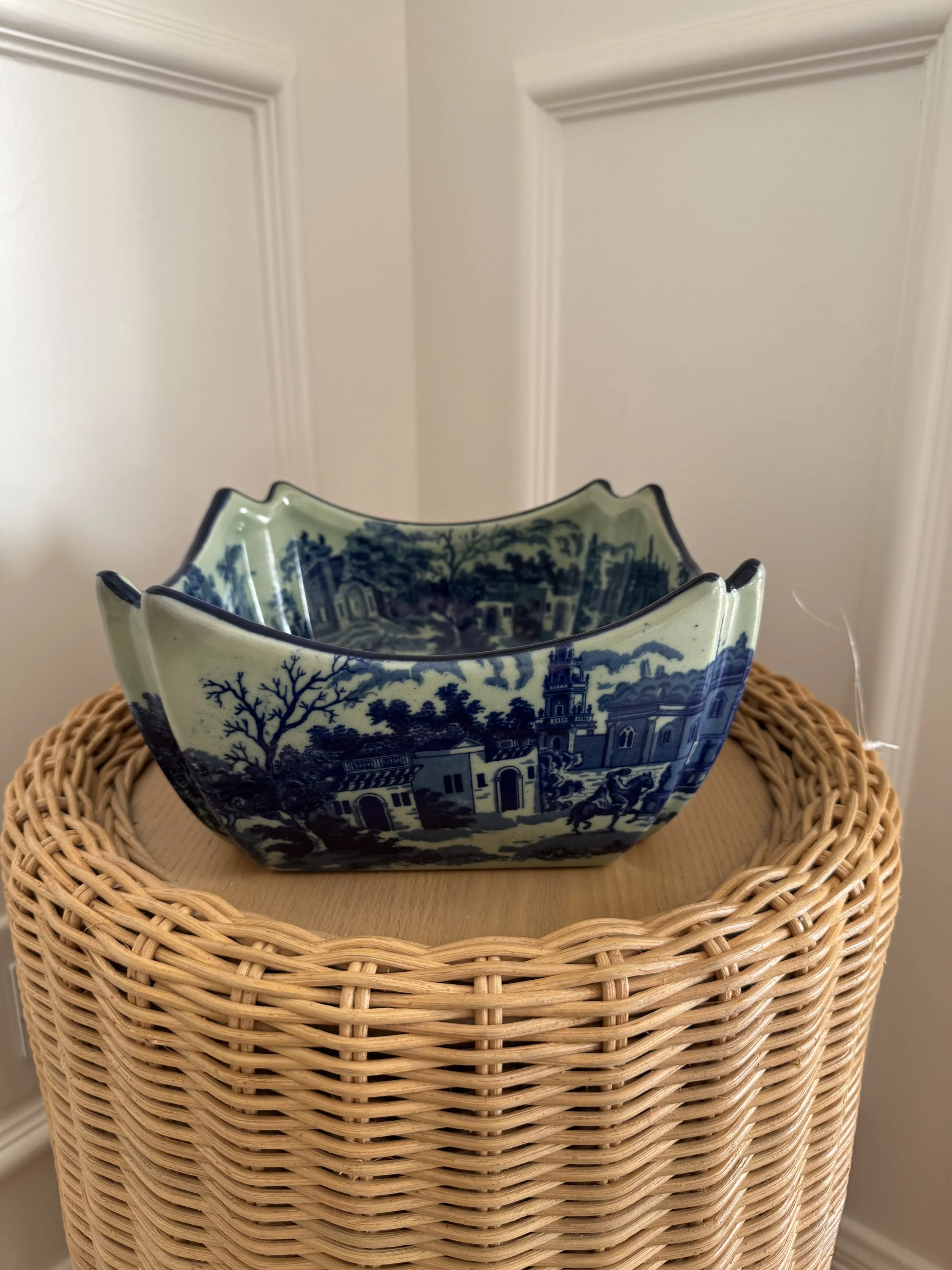 Victorian Blue & White Transferware Square Bowl with Royal Crest Mark