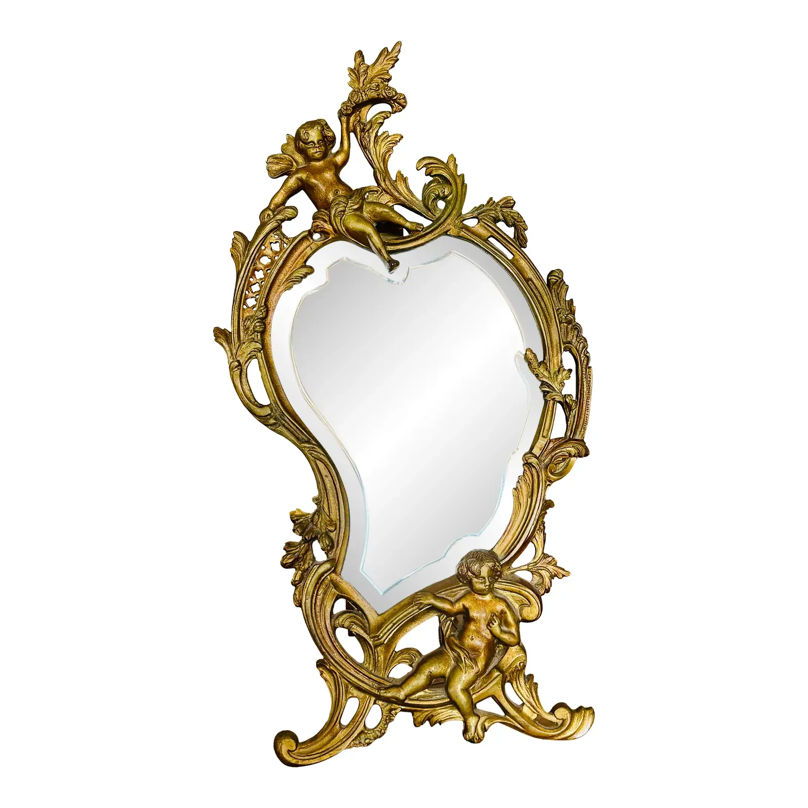 Antique French Rococo Gilt Bronze Vanity Mirror With Cherubs