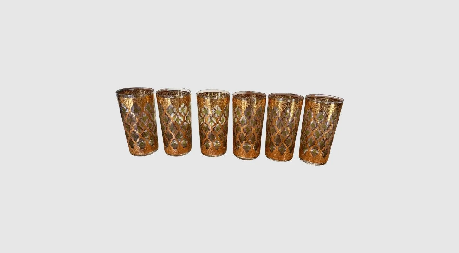1960s Culver LTD "Valencia" 22k Gold & Green Highball Glasses - Set of 6