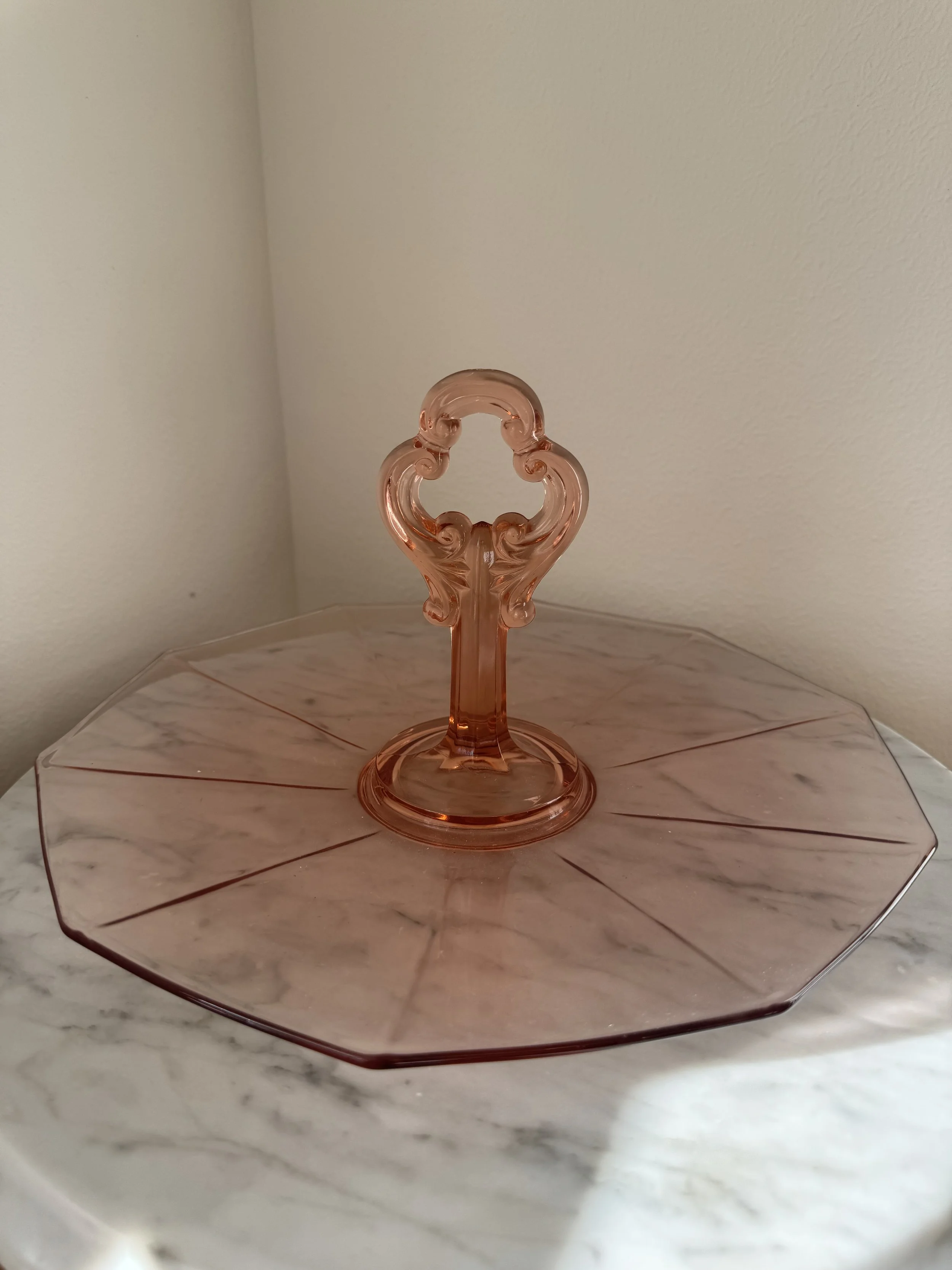 Pink Depression Glass Cake Plate – Octagonal with Scroll Handle