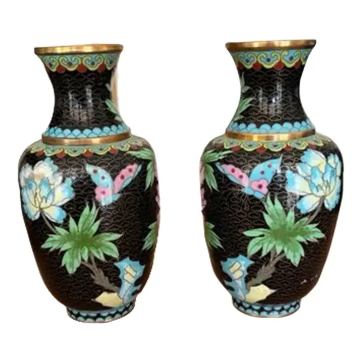 Early 20th Century Pair of Black Cloisonné Vases W/ Pink and Blue Florals