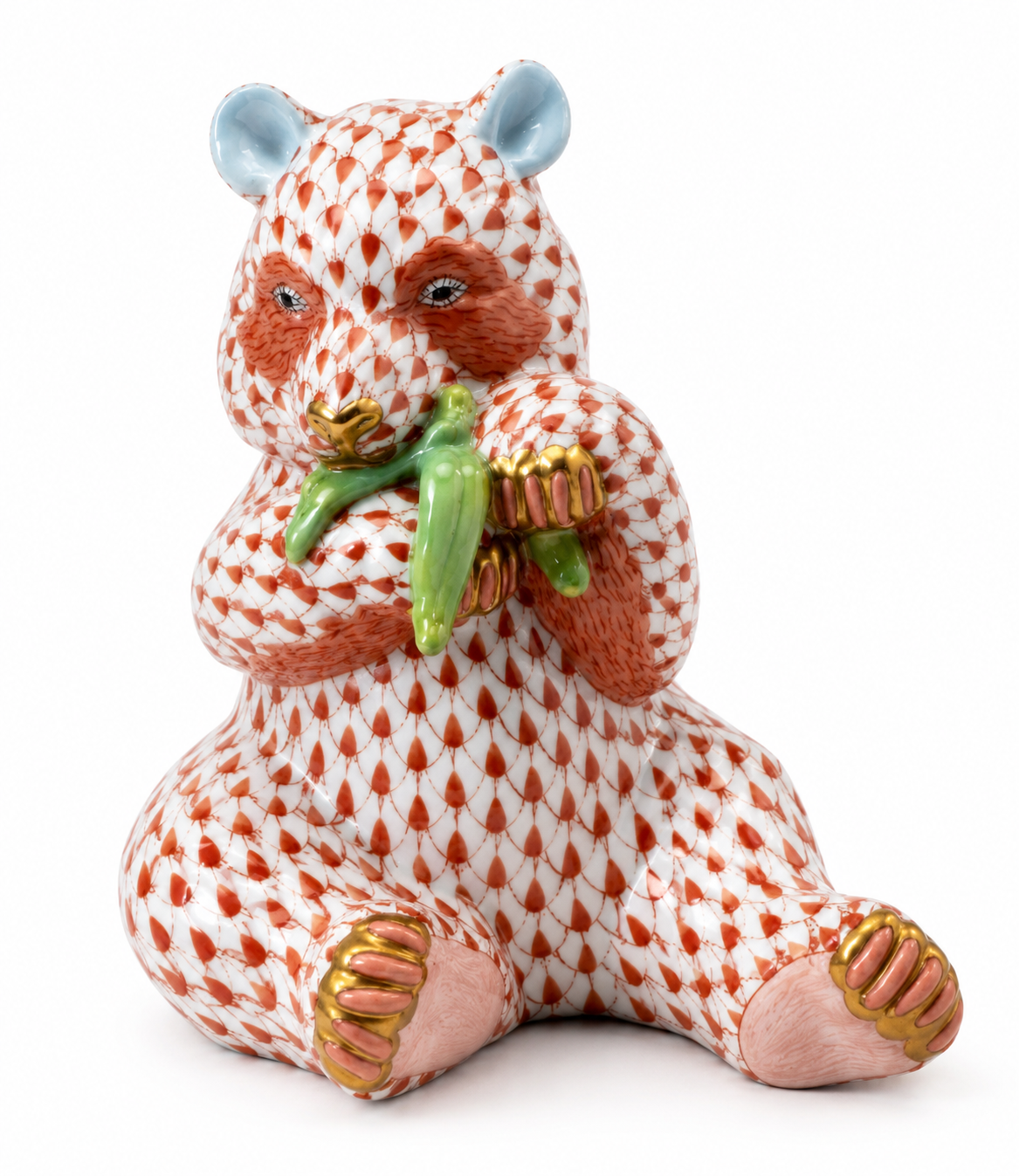 Herend Porcelain Figurine – Rust Fishnet Panda Eating Bamboo (24k Gold Accents)