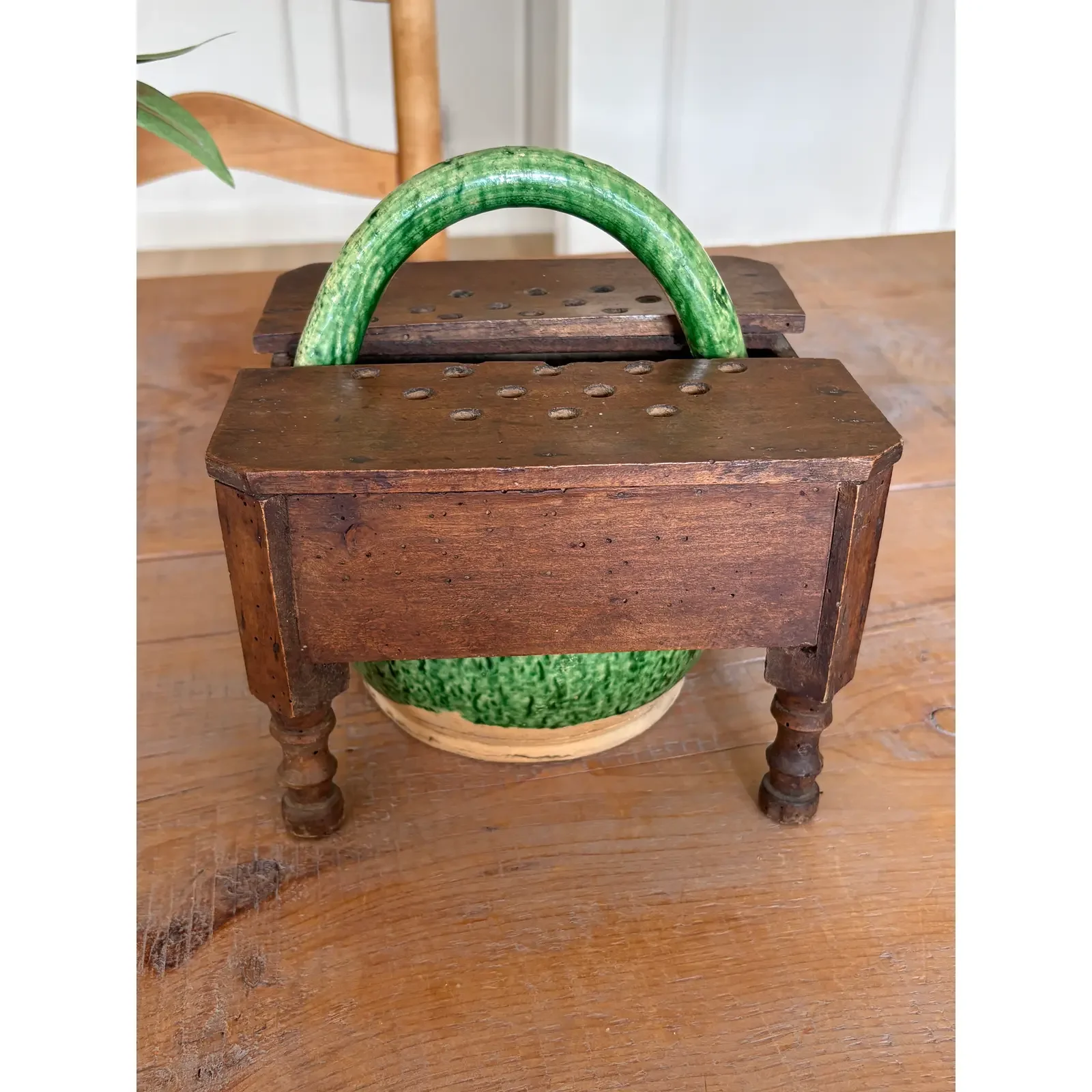 19th Century French Country Wooden Foot Stool & Glazed Terracotta Couvot