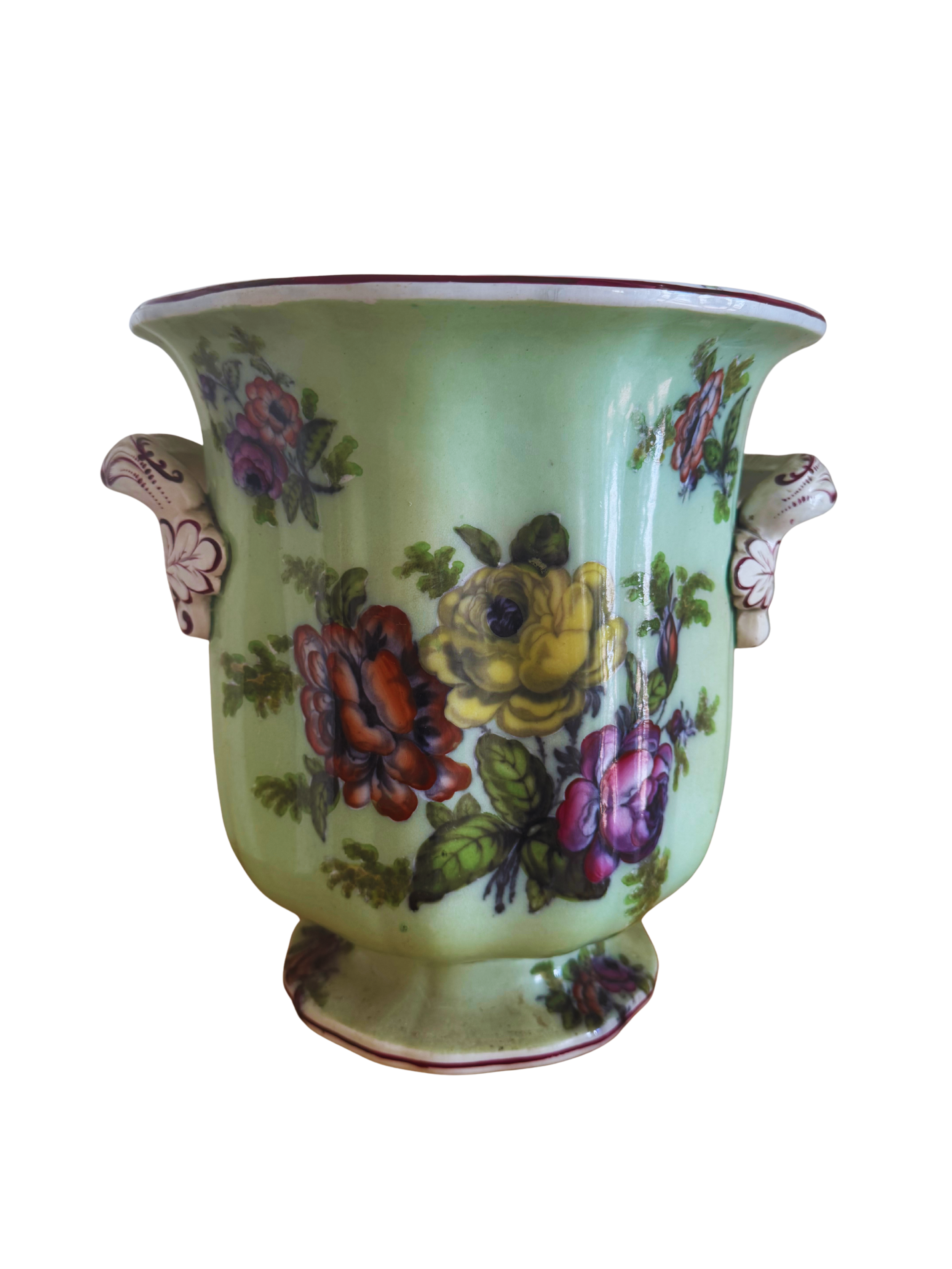 19th Century French Faience Cachepot in Celadon with Hand-Painted Florals
