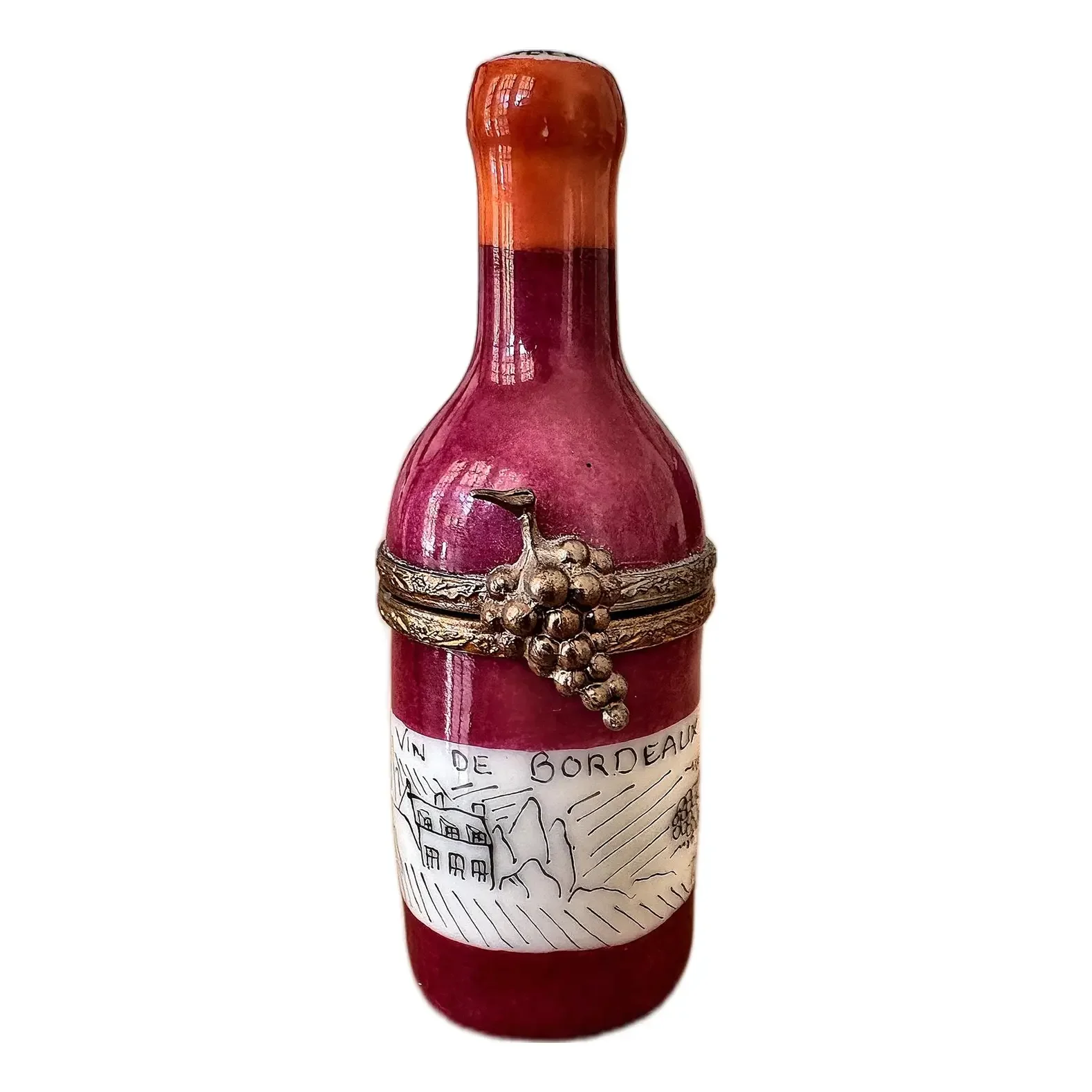 Vintage Limoges Hand-Painted "Vin De Bordeaux" Wine Bottle Trinket Box