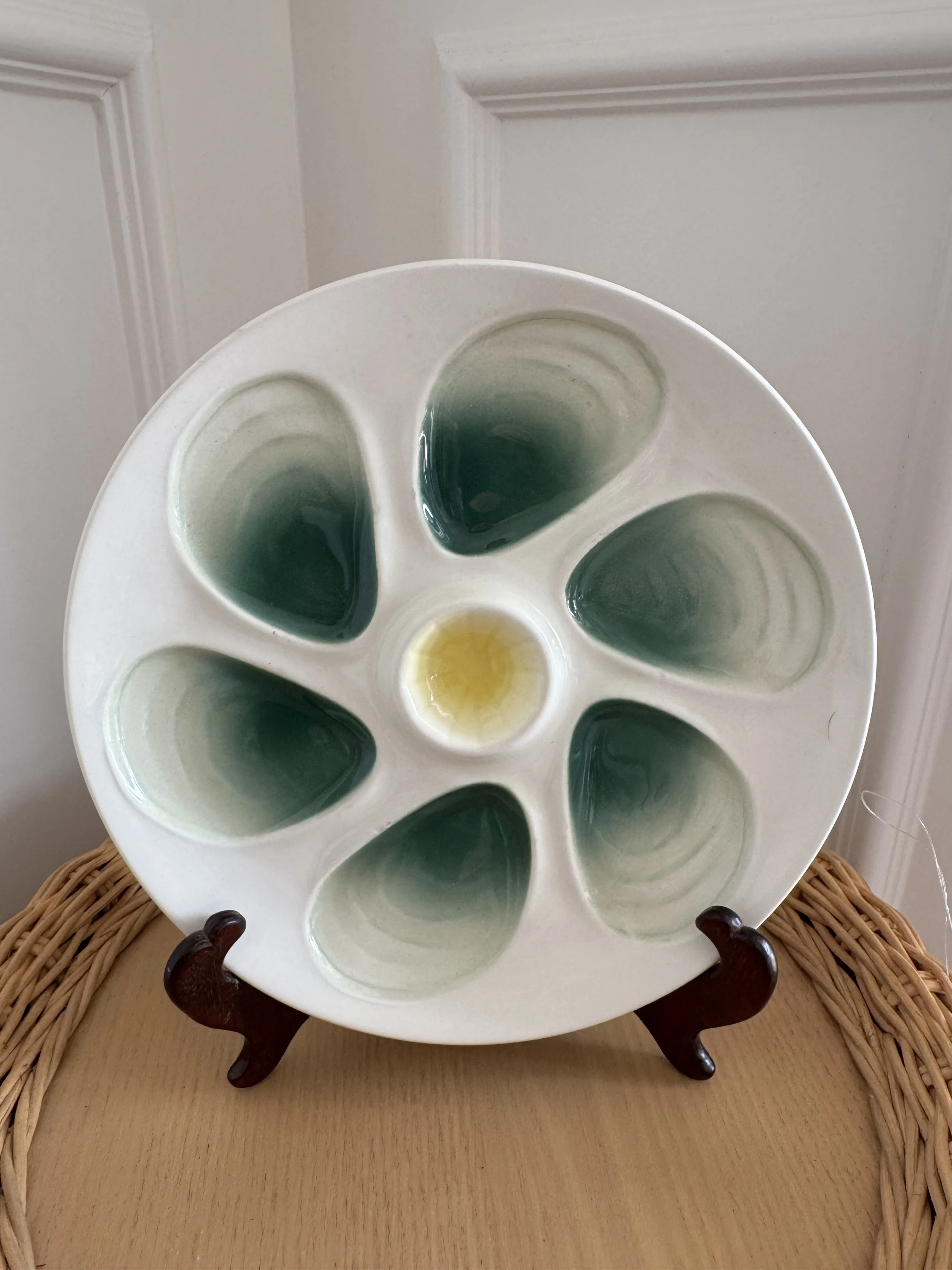 Set of Five Vintage Oyster Plates with Emerald Glaze Wells