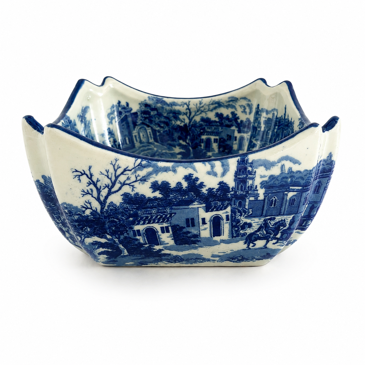 Victorian Blue & White Transferware Square Bowl with Royal Crest Mark