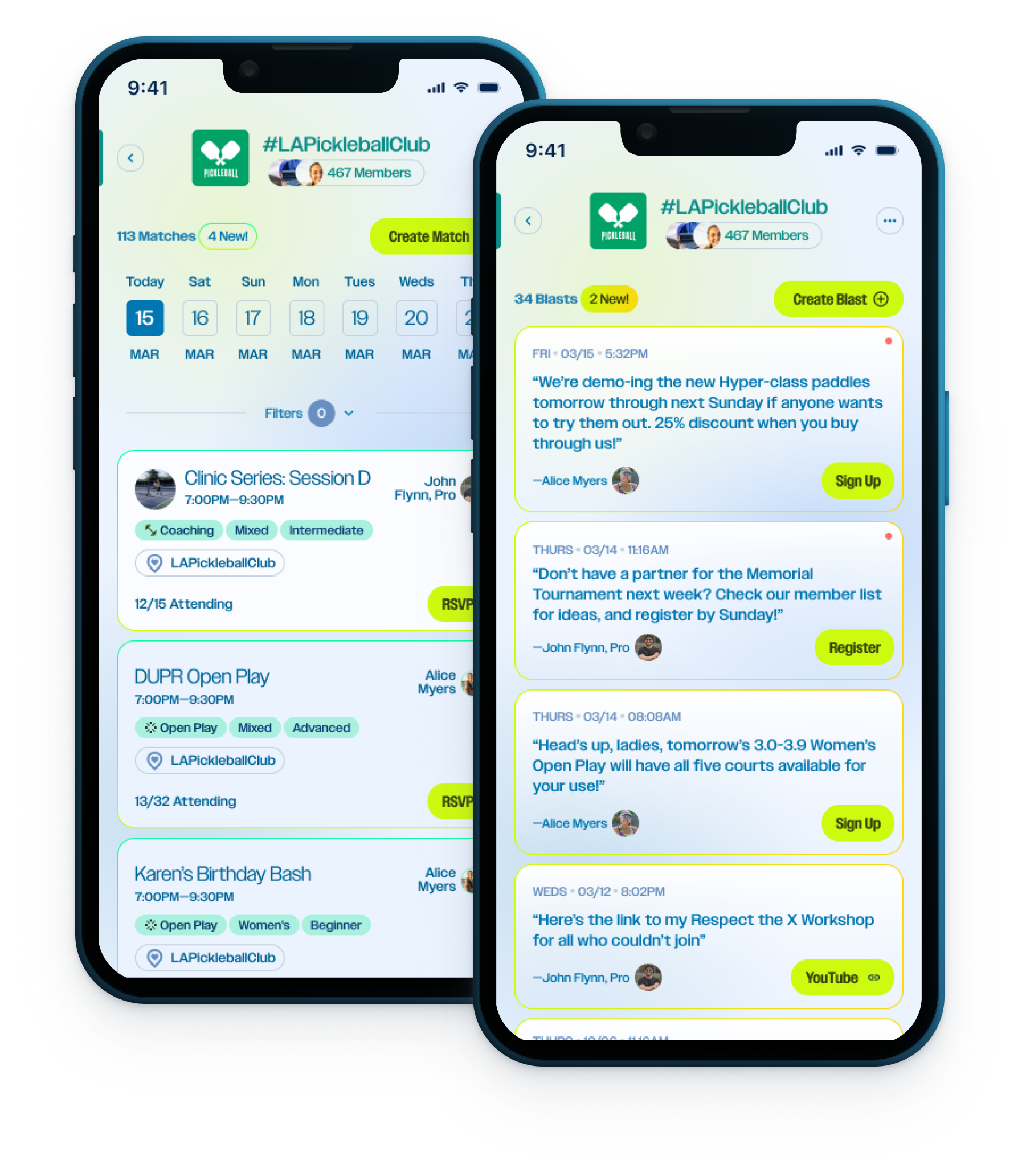 Screenshots of a mobile app for the LA Pickleball Club showing match schedules, group messages, and options to create or sign up for pickleball activities.