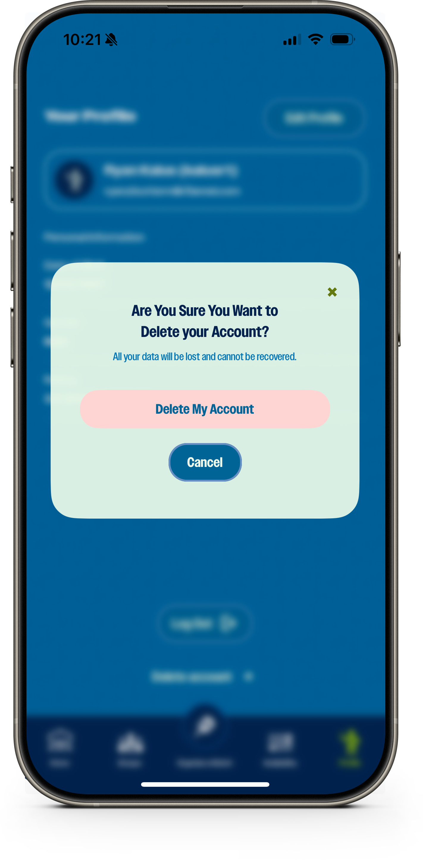 A smartphone screen showing a confirmation dialog asking if the user wants to delete their account, with options to delete or cancel.