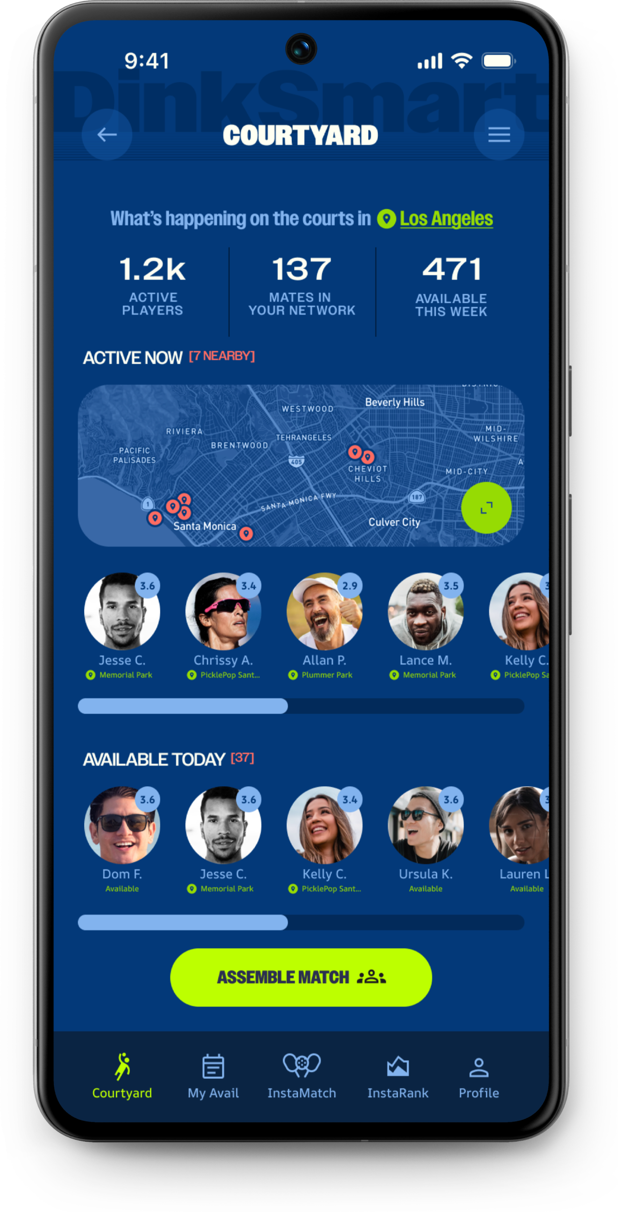 Mobile app interface showing court match and social connection data in Los Angeles, with a map of active players and profiles of potential matches.