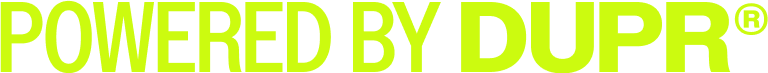Brand logo with the text 'Powered by Dupr' in bright green letters on a white background.