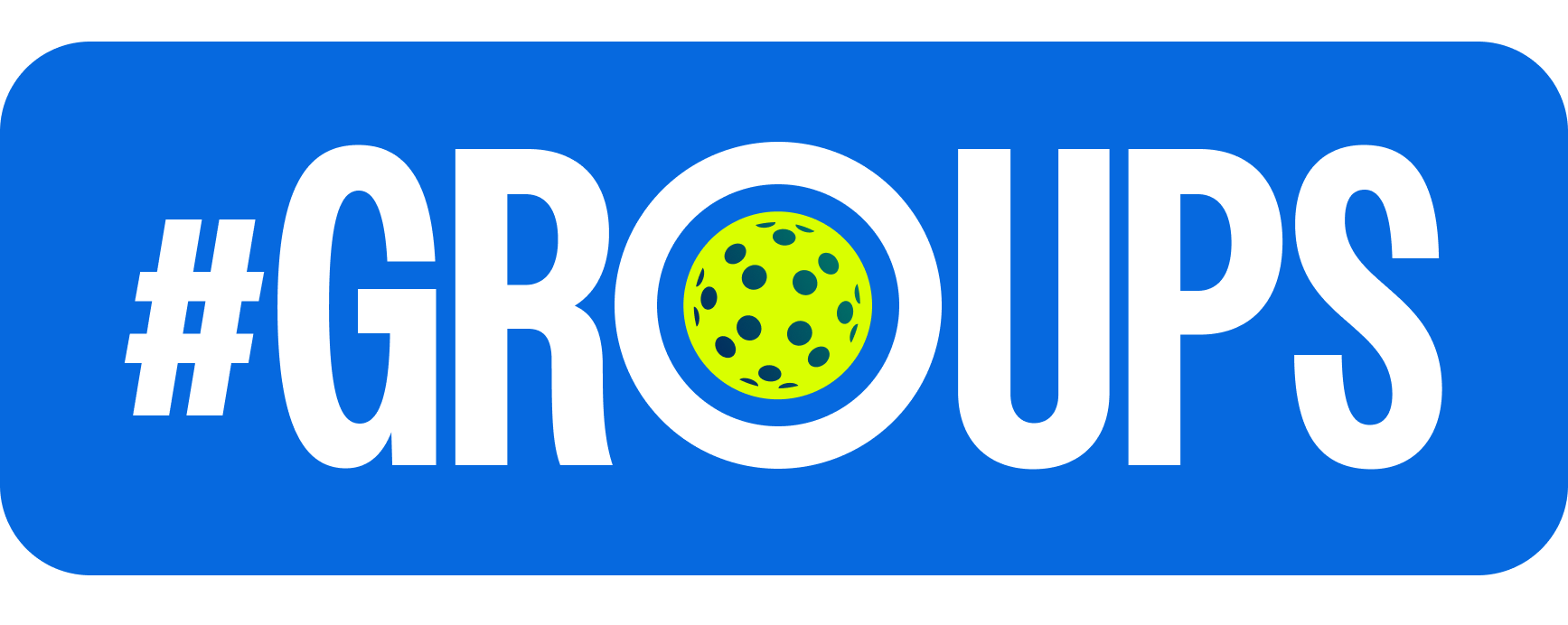 Blue rectangular logo with white text reading '#GROUPS' and a DinkSmart logo in the letter O