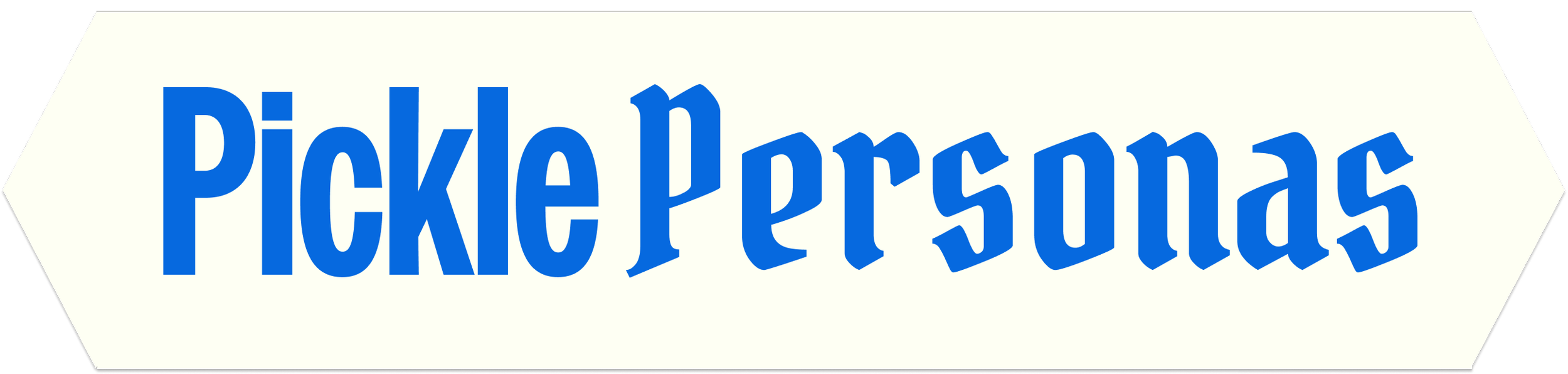 Sign that says 'Pickle Promises' in blue text on a white background.