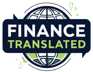 Logo for Finance Translated featuring a globe with a dark blue banner, white text 'FINANCE' and green text 'TRANSLATED', surrounded by small financial icons.