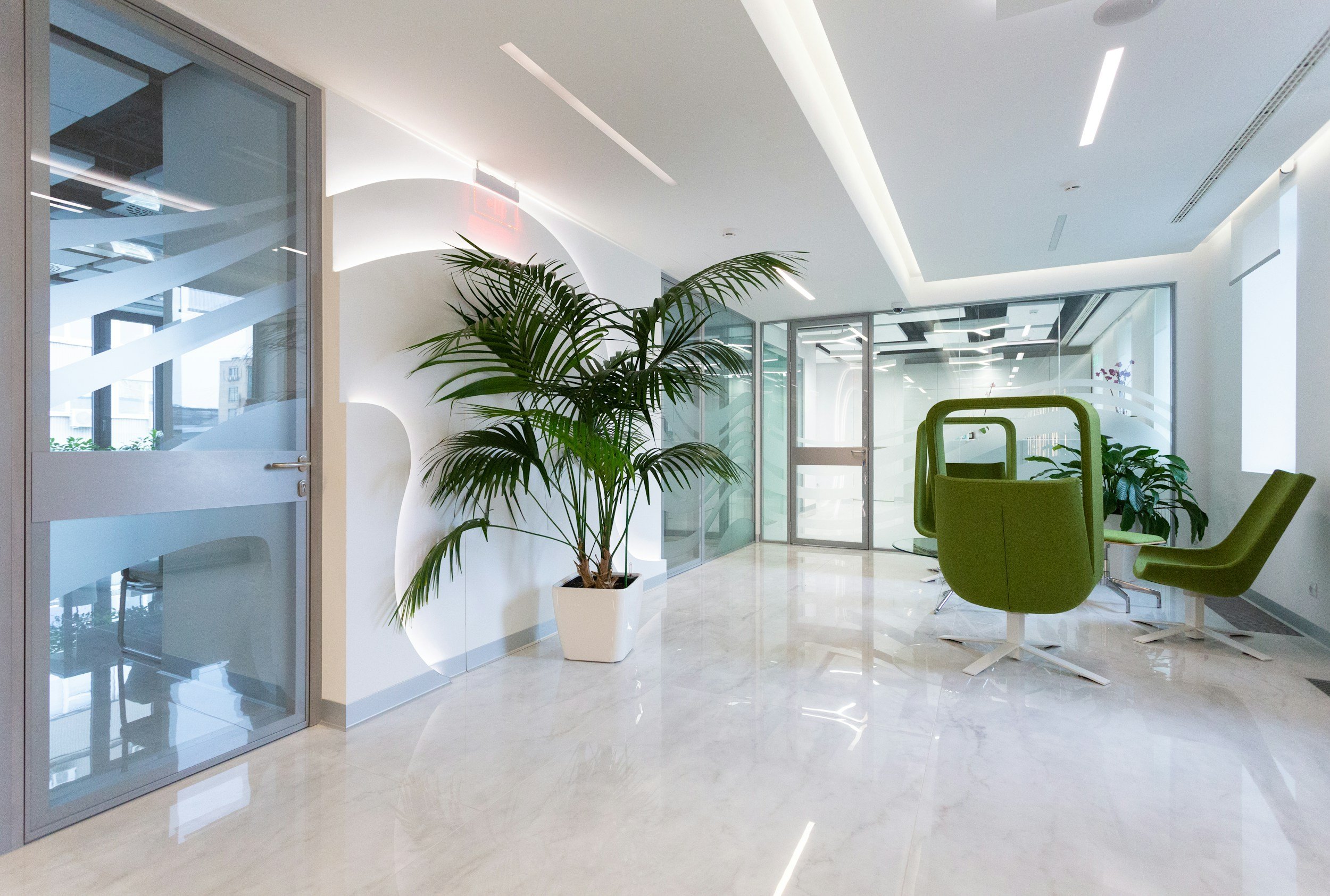 Modern office lobby with white walls and marble floors, featuring a large potted palm, green chairs around a glass table, and glass doors and walls with frosted stripes.