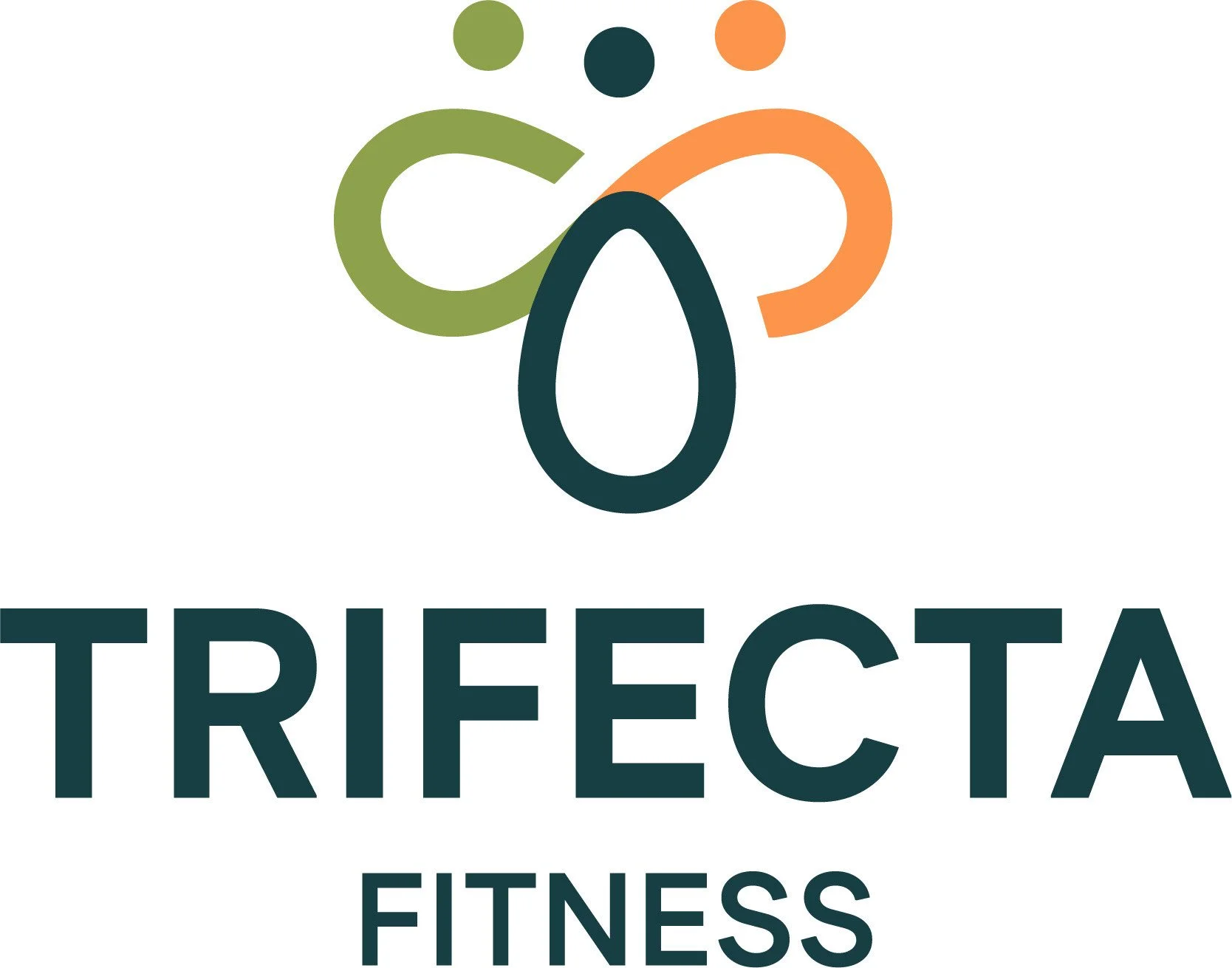 Logo of Trifecta Fitness featuring stylized abstract figures in green, orange, and dark blue above the company name.