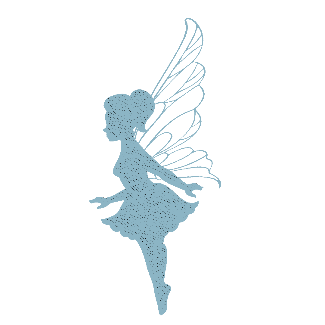 Blue silhouette of a fairy with wings, in a profile view, wearing a dress, with short hair.