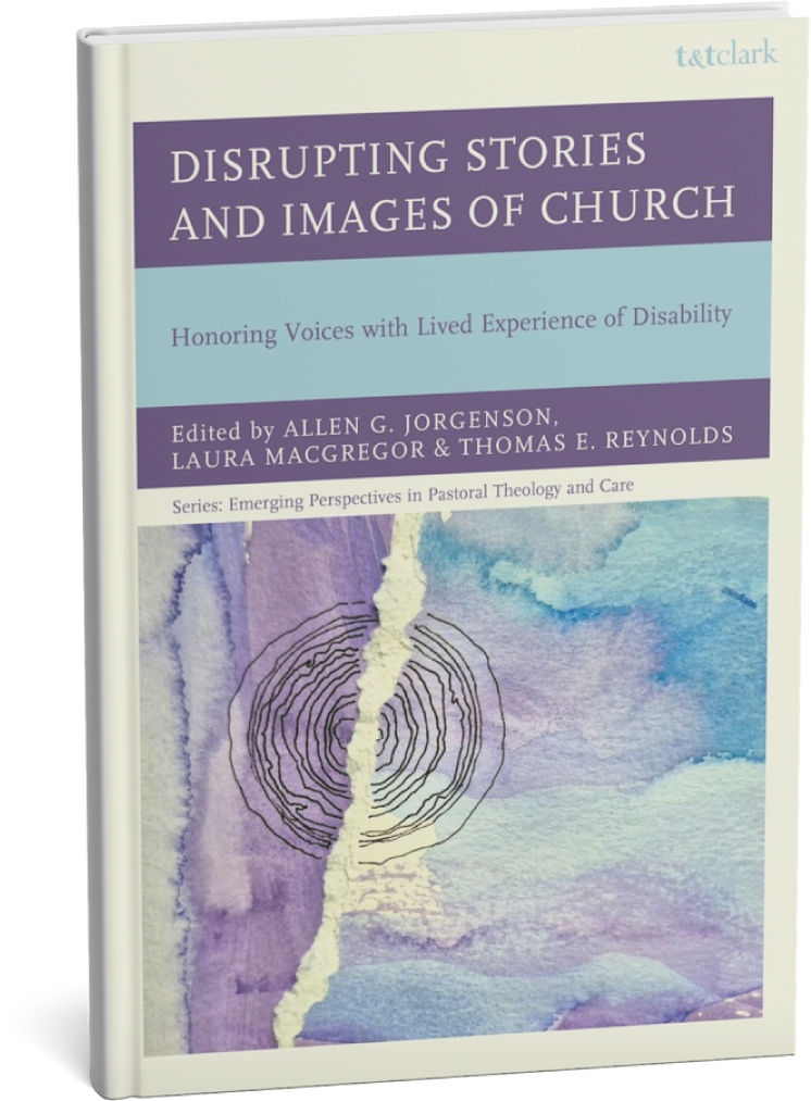 Cover of a book titled "Disrupting Stories and Images of Church" with watercolor artwork and a torn paper effect.