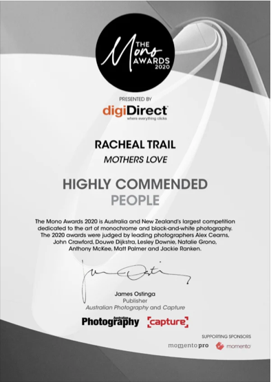 Certificate for Racheal Trail from The Mono Awards 2020, presented by digiDirect, recognizing highly commended people for motherhood love, signed by James Ostinga, with logos of Photography capture and supporting sponsors momentopro and momento.