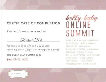 Certificate of completion for Rachel Trail from Bella Baby Summit 2020, held June 21-27, 2020, with online summit branding in the background.