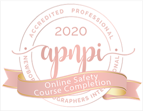 Badge with 'APNI Online Safety Course Completion 2020' and ribbon that says 'Accredited Professional Newborn Photographers International.'