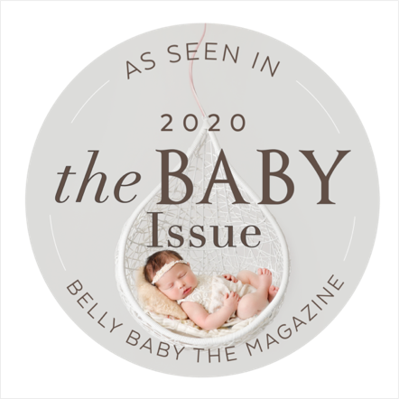 Cover of Belly Baby magazine's 2020 issue featuring a sleeping baby in a white swing, with text indicating it's a baby issue.