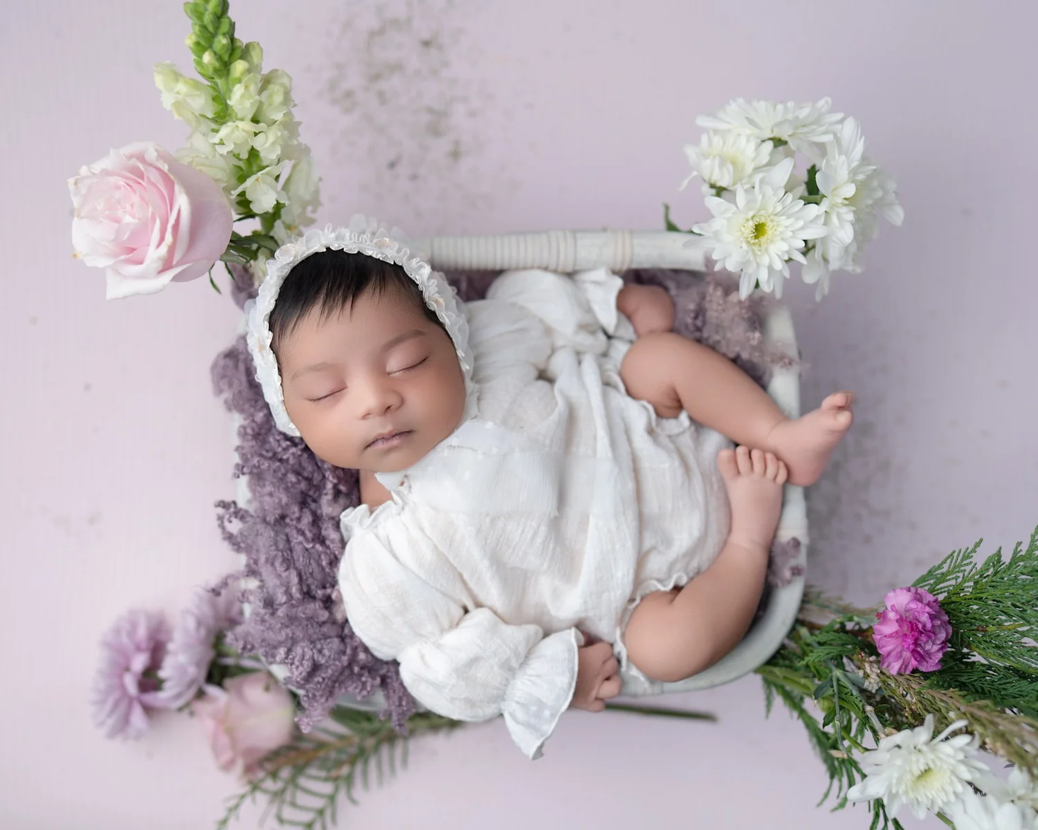 Beautiful floral newborn baby girl portrait by Racheal Trail Photography, Auckland