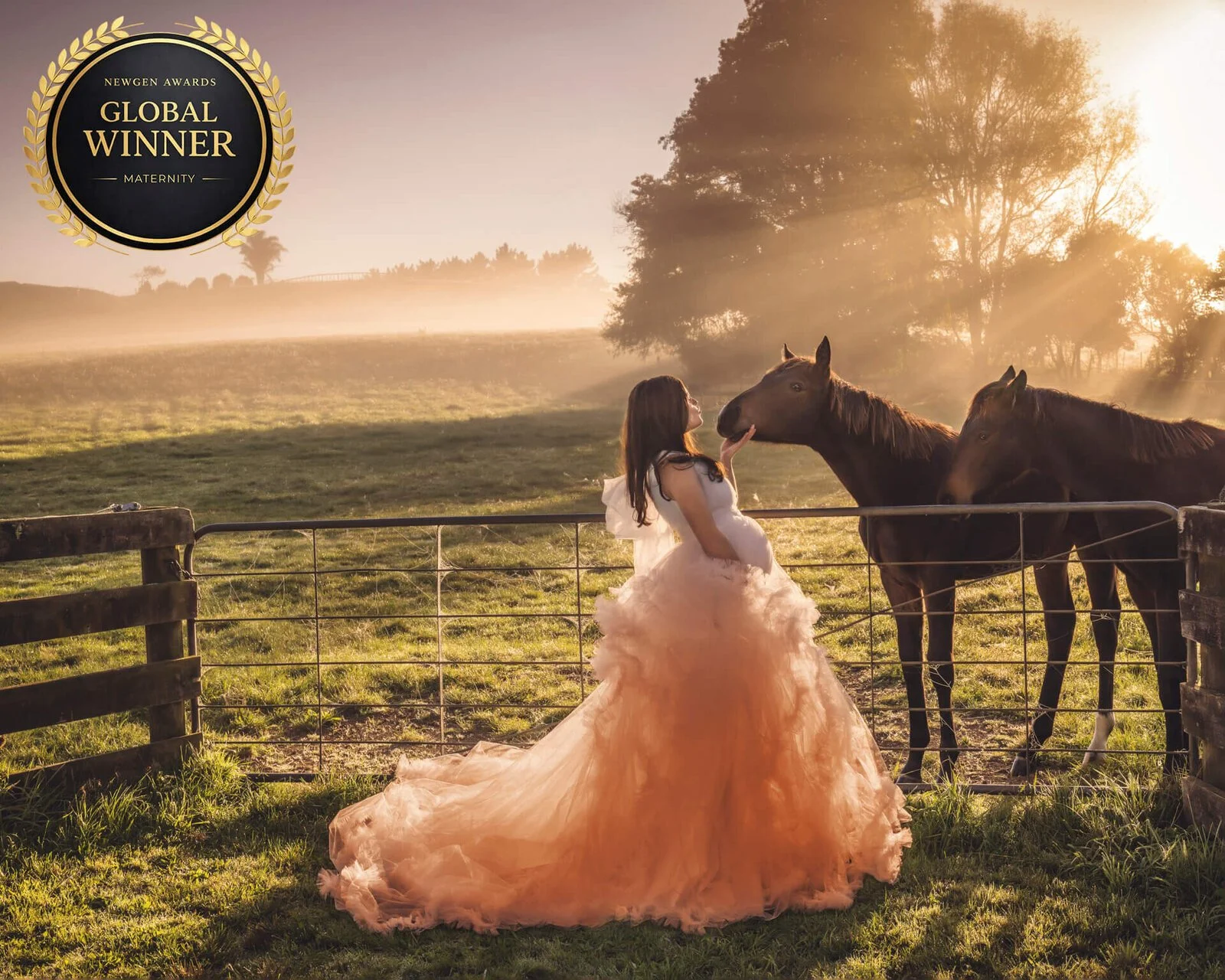 A woman wearing a light pink ball gown with a full skirt, standing near a fence, touching noses with a brown horse on a grassy field at sunset, with trees in the background and an award badge in the top left corner.