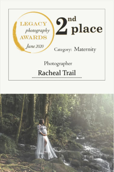 A certificate for second place in the June 2020 Legacy Photography Awards, maternity category, awarded to photographer Racheal Trail, featuring a woman in a white dress standing by a river in a forest.