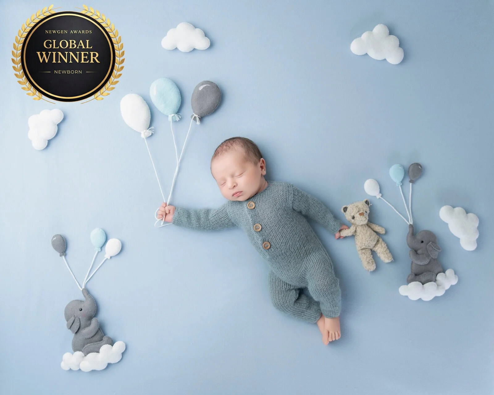 A sleeping newborn baby lying on a light blue surface, surrounded by felt clouds, elephants, and teddy bears, with balloons attached to some of the animals, creating a sky scene. A gold emblems reads 'Global Winner Newborn' in the top left corner.