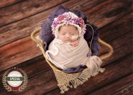 A sleeping baby wearing a floral crown and wrapped in a beige blanket, in a basket with a purple stuffed animal, on a wooden floor background.