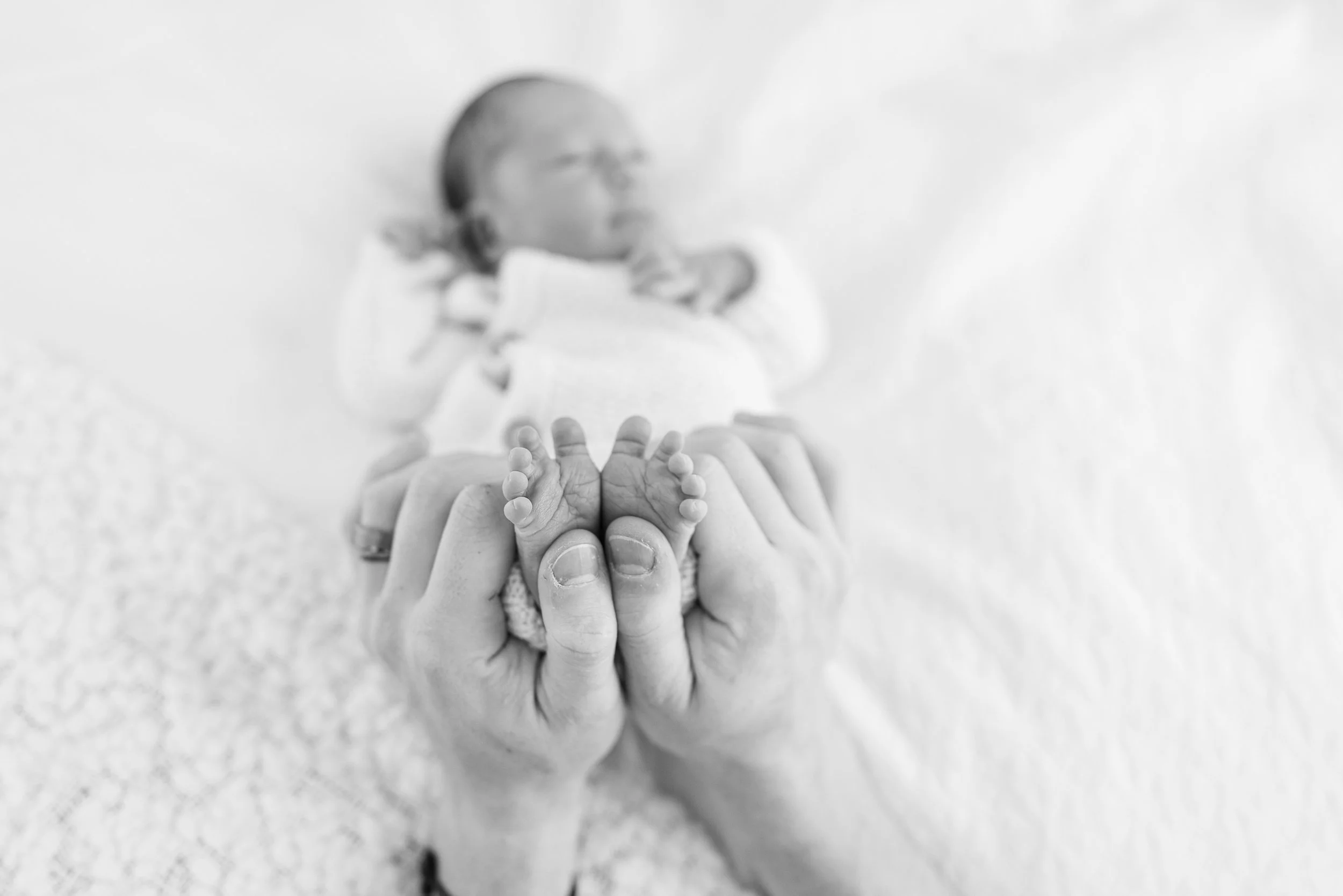 Tiny newborn baby feet held gently in a parent’s hands during a lifestyle newborn session