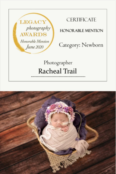 Certificate of Honorable Mention for newborn category awarded to photographer Racheal Trail, with a photo of a sleeping newborn baby in a basket.