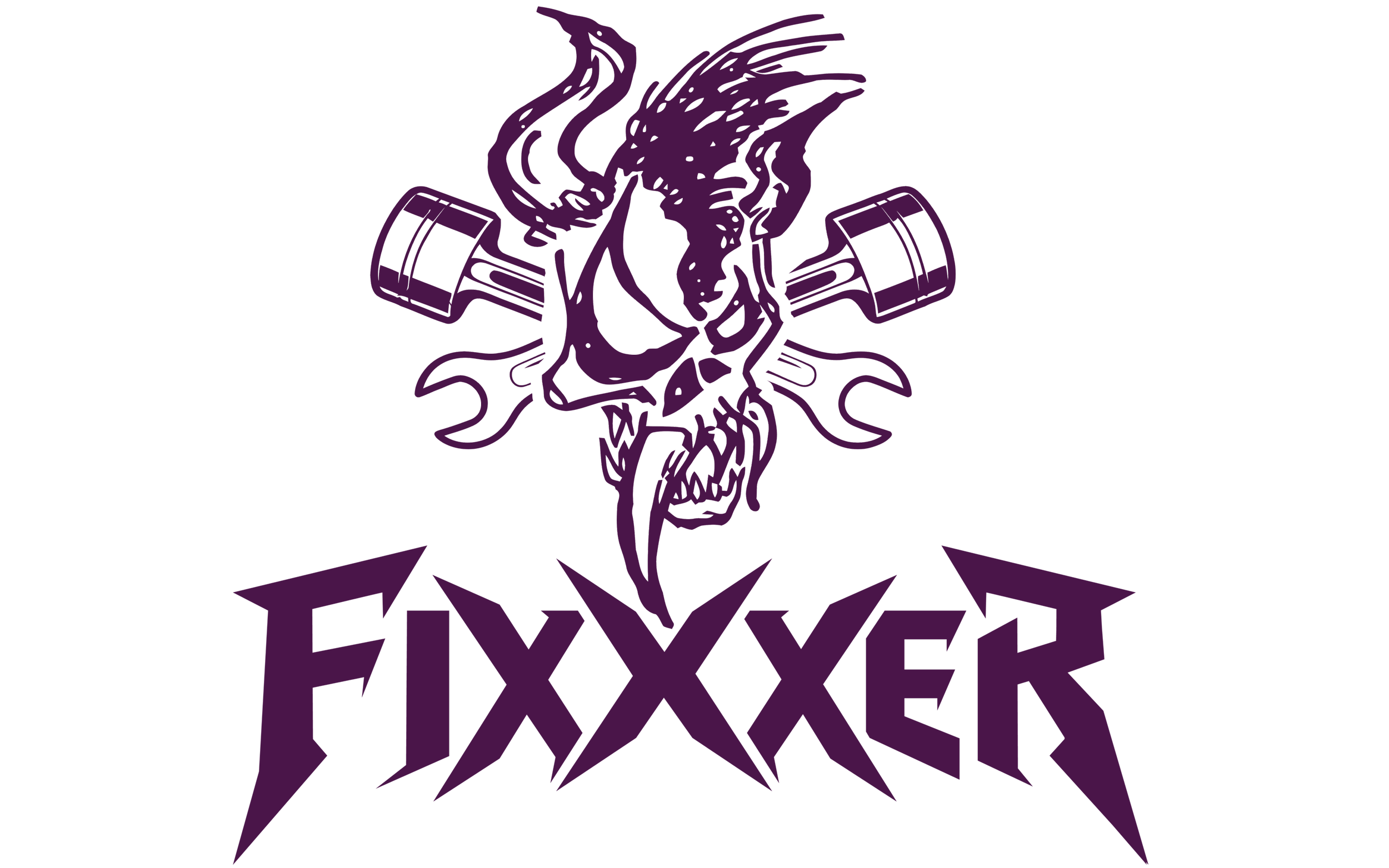 A dark purple illustration of a skull with wild hair, flanked by two pistons and crossed wrenches, with the word 'FXXXER' written in stylized purple text below.