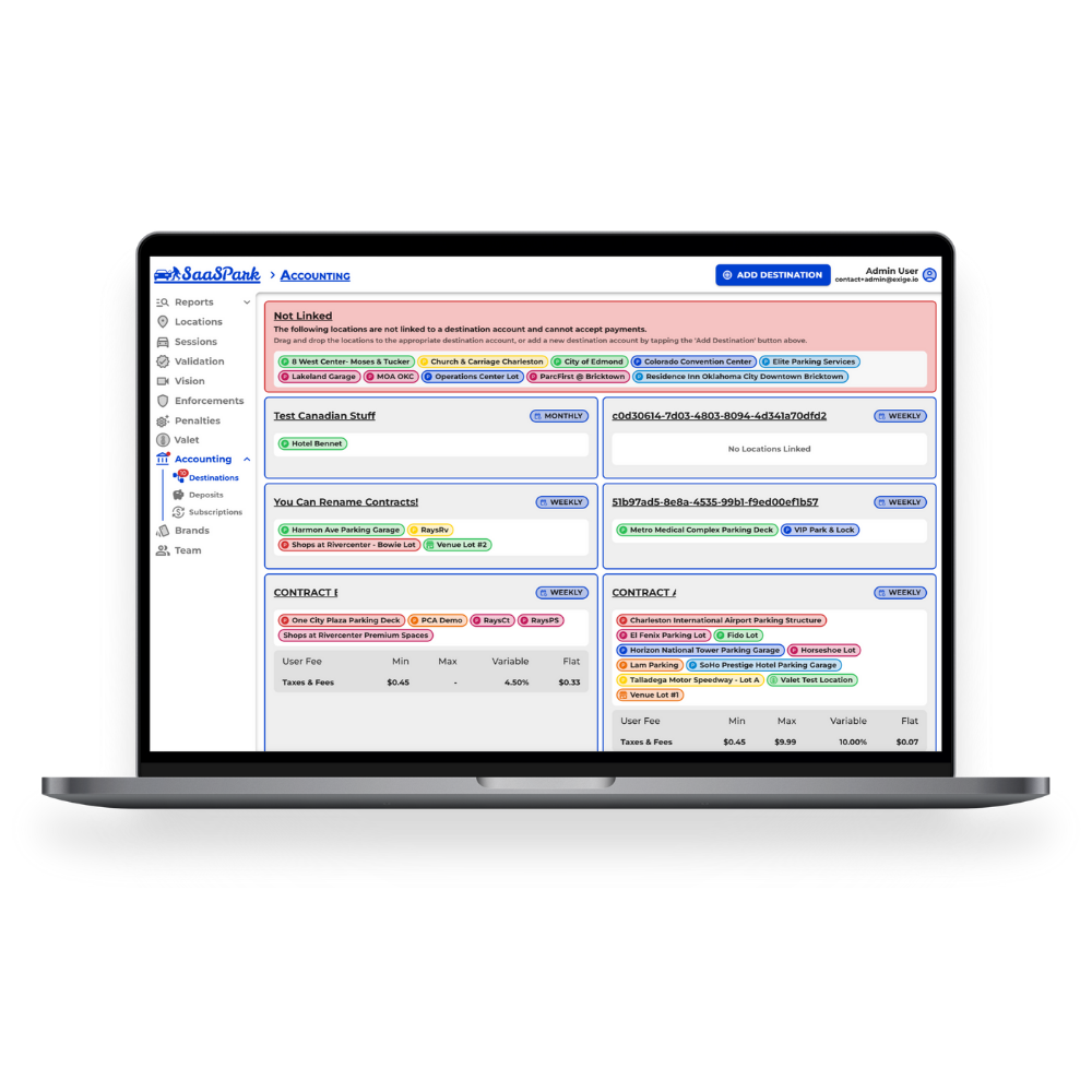 Laptop screen showing an accounting dashboard with various links and options, including a list of destinations, contracts, and financial details.